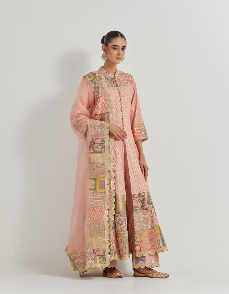 Peach Jaquard Chanderi Jacket Anarkali Set In Patch Work