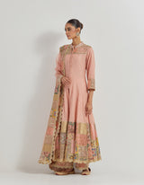 Peach Jaquard Chanderi Jacket Anarkali Set In Patch Work