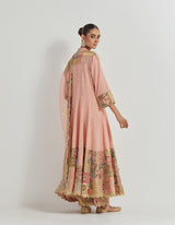 Peach Jaquard Chanderi Jacket Anarkali Set In Patch Work