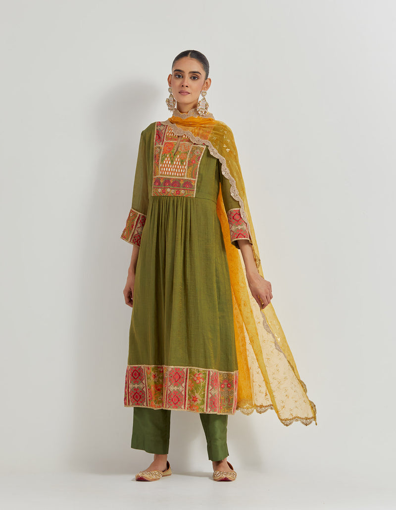 Olive Tissue Chanderi Patch Work Kurta Set