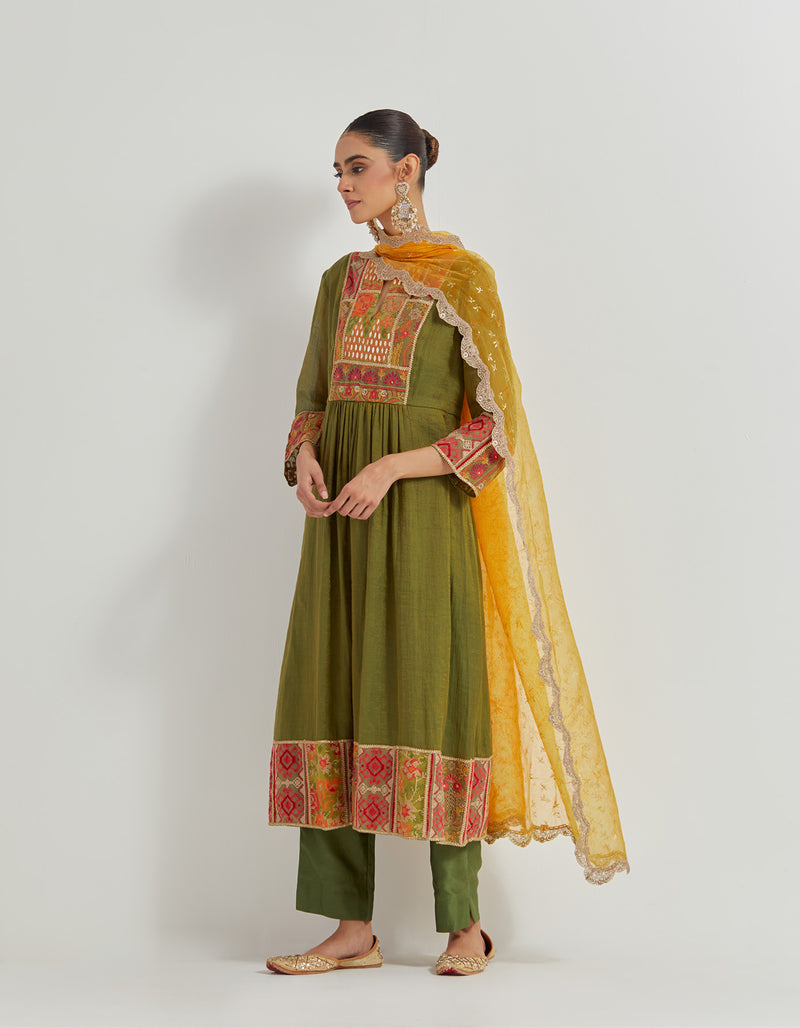 Olive Tissue Chanderi Patch Work Kurta Set