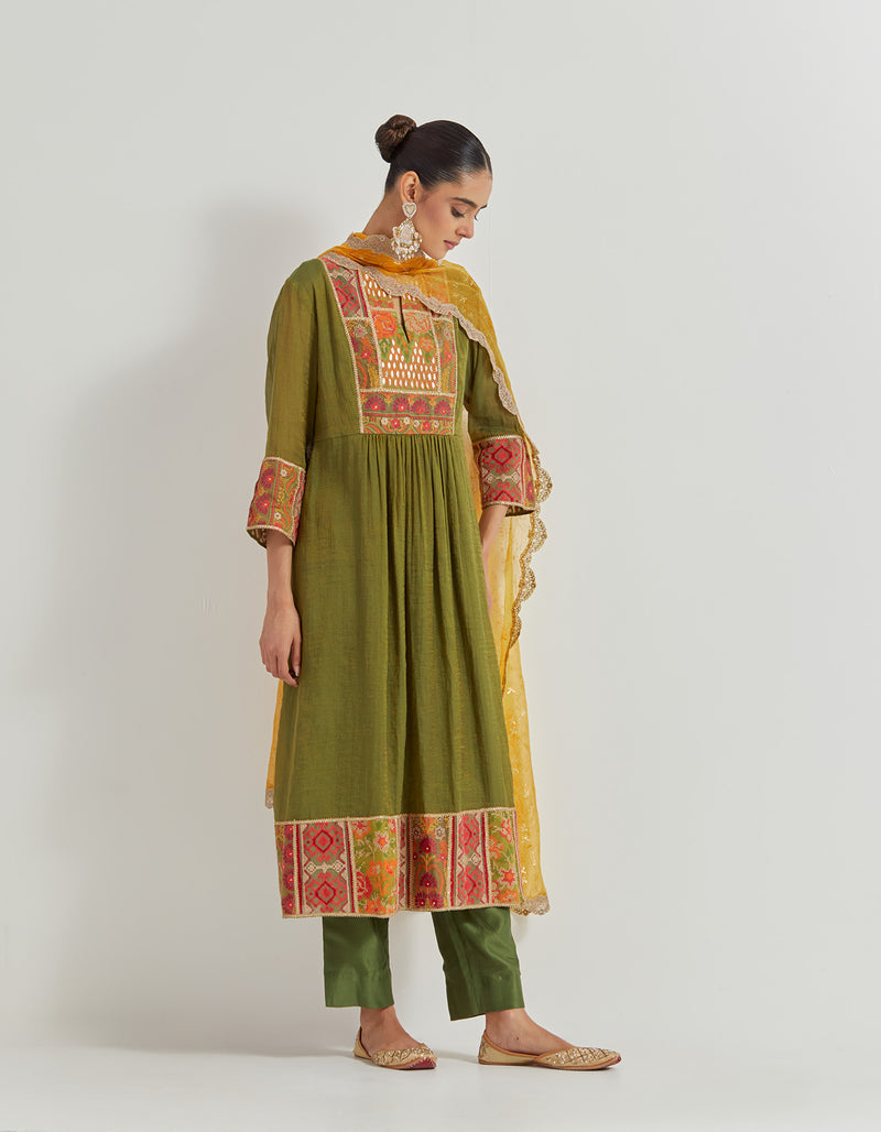 Olive Tissue Chanderi Patch Work Kurta Set