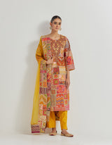 Cross Stitch Patch Work Embroidered Aline Kurta With Hand Embellished Neckline Paired With Chanderi Pants And Organza Dupatta