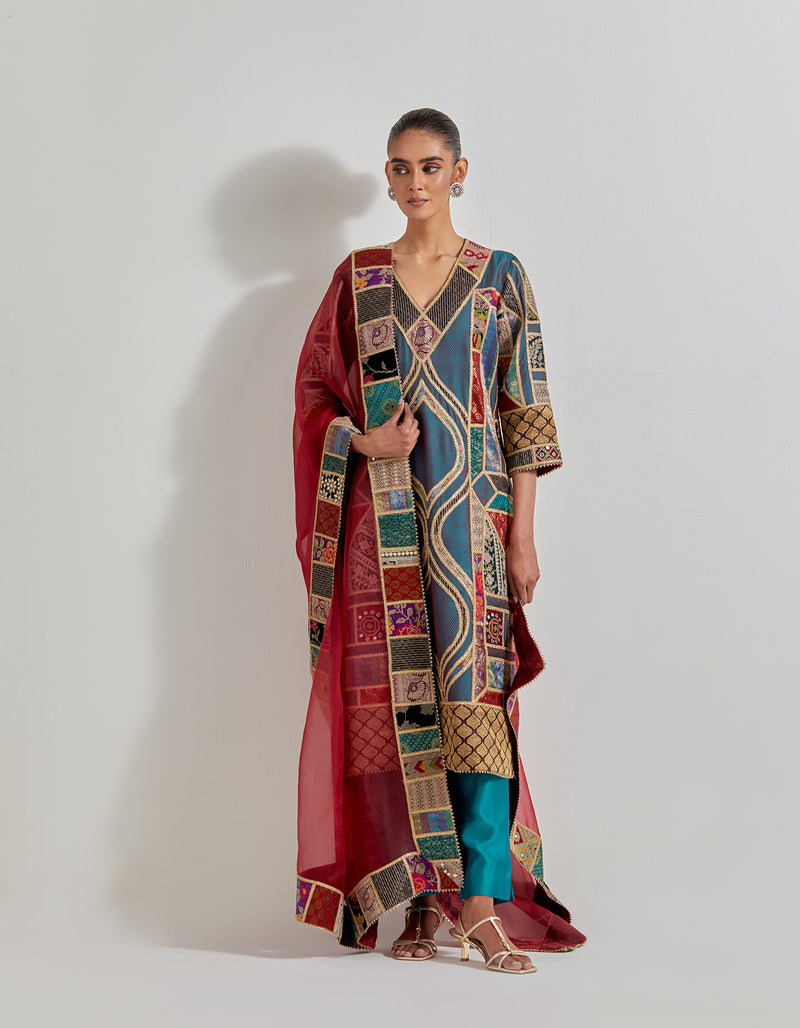 Multicolour Patch Work Embroidered Kurta Set