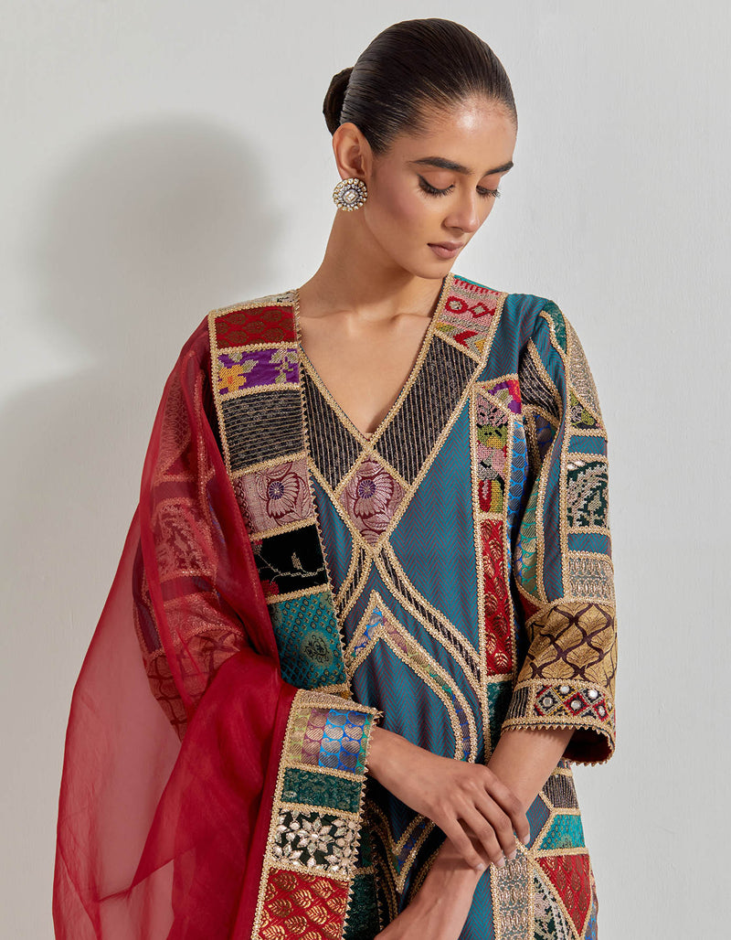 Multicolour Patch Work Embroidered Kurta Set