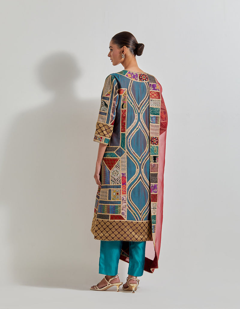 Multicolour Patch Work Embroidered Kurta Set