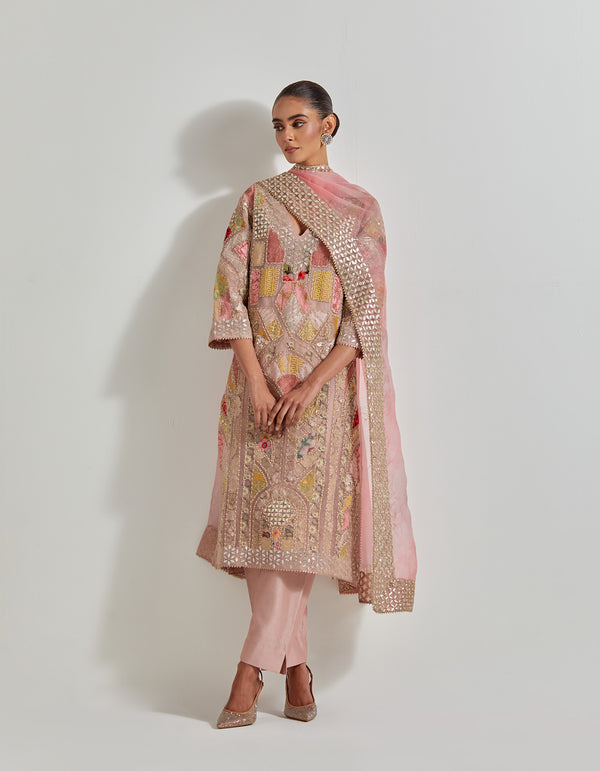 Pink Patch Work Embroidered Kurta Set