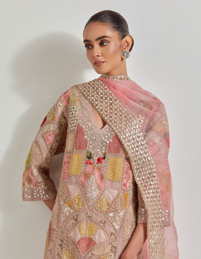 Pink Patch Work Embroidered Kurta Set