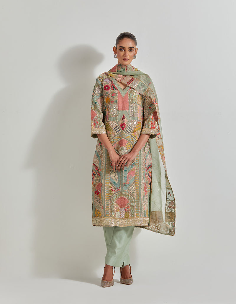 Sage Green Patch Work Embroidered Kurta Set