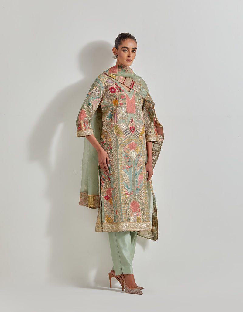 Sage Green Patch Work Embroidered Kurta Set