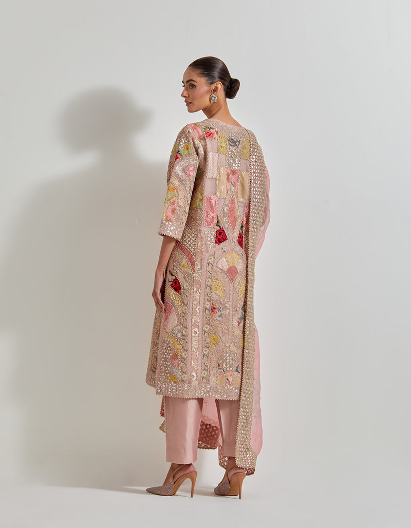 Pink Patch Work Embroidered Kurta Set