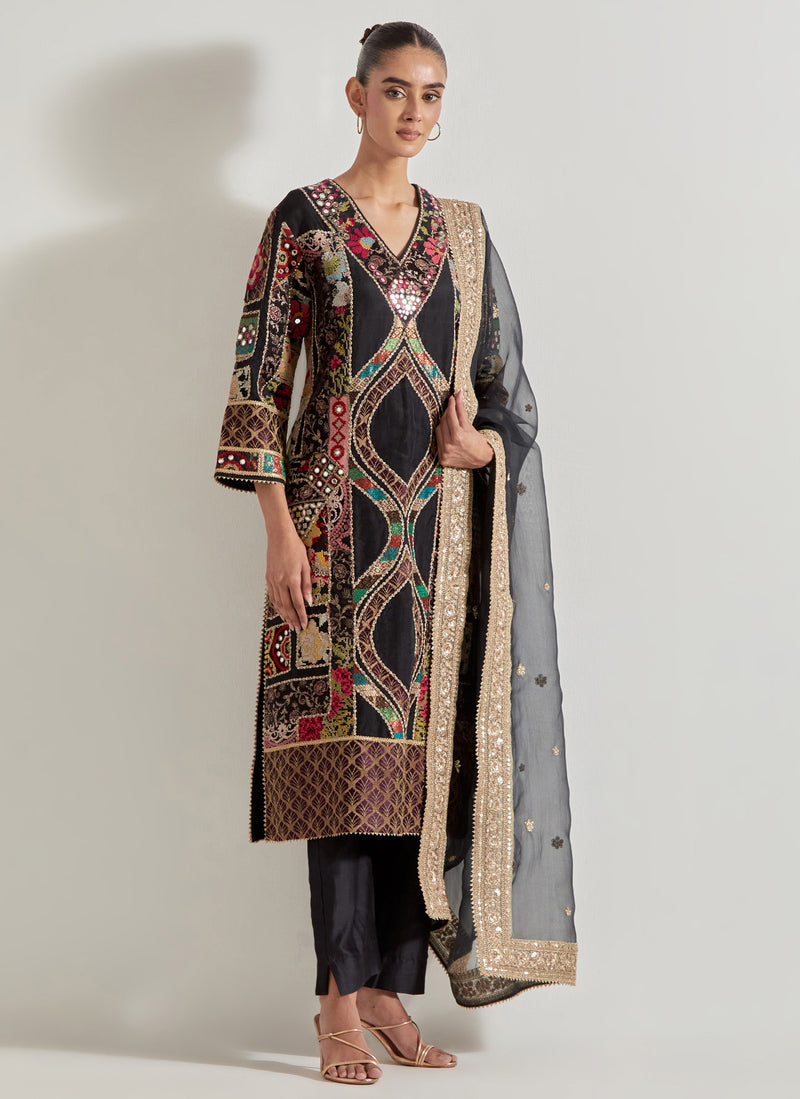 Black Patch Work Kurta Set