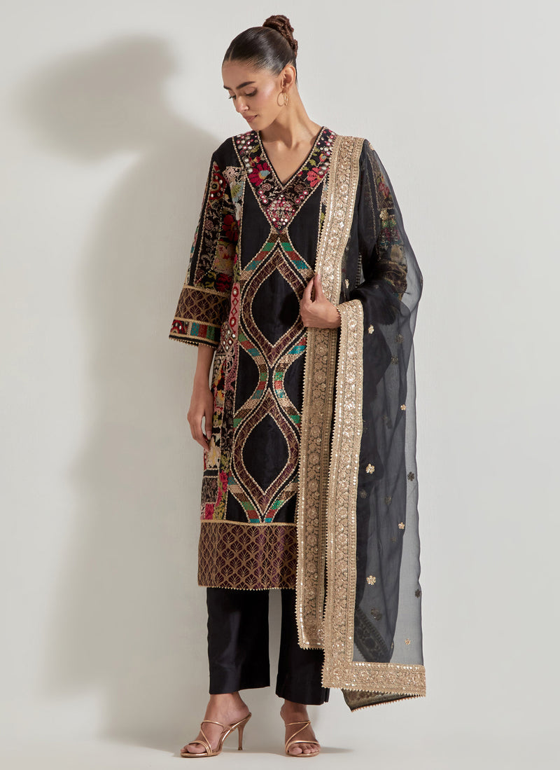 Black Patch Work Kurta Set