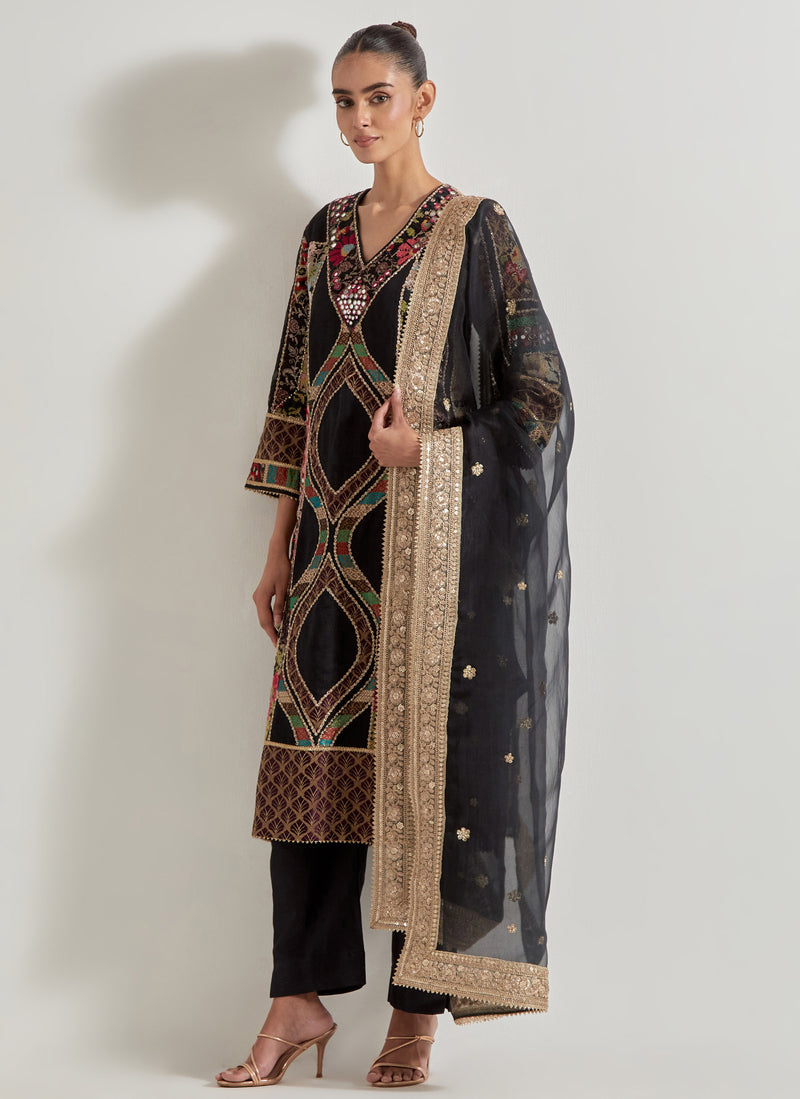 Black Patch Work Kurta Set