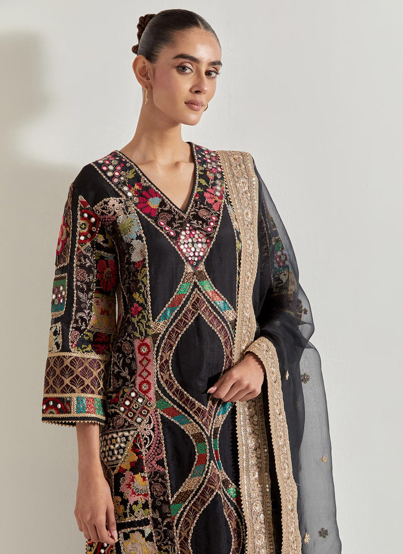 Black Patch Work Kurta Set