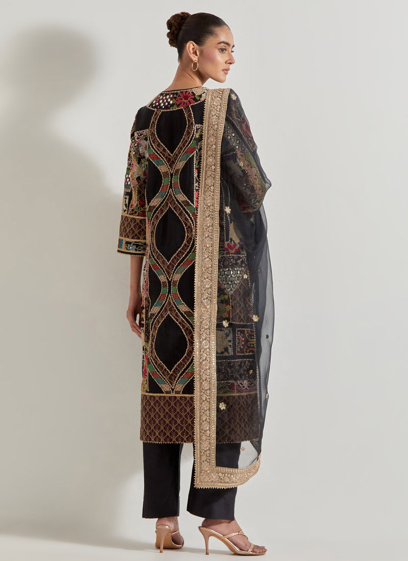 Black Patch Work Kurta Set