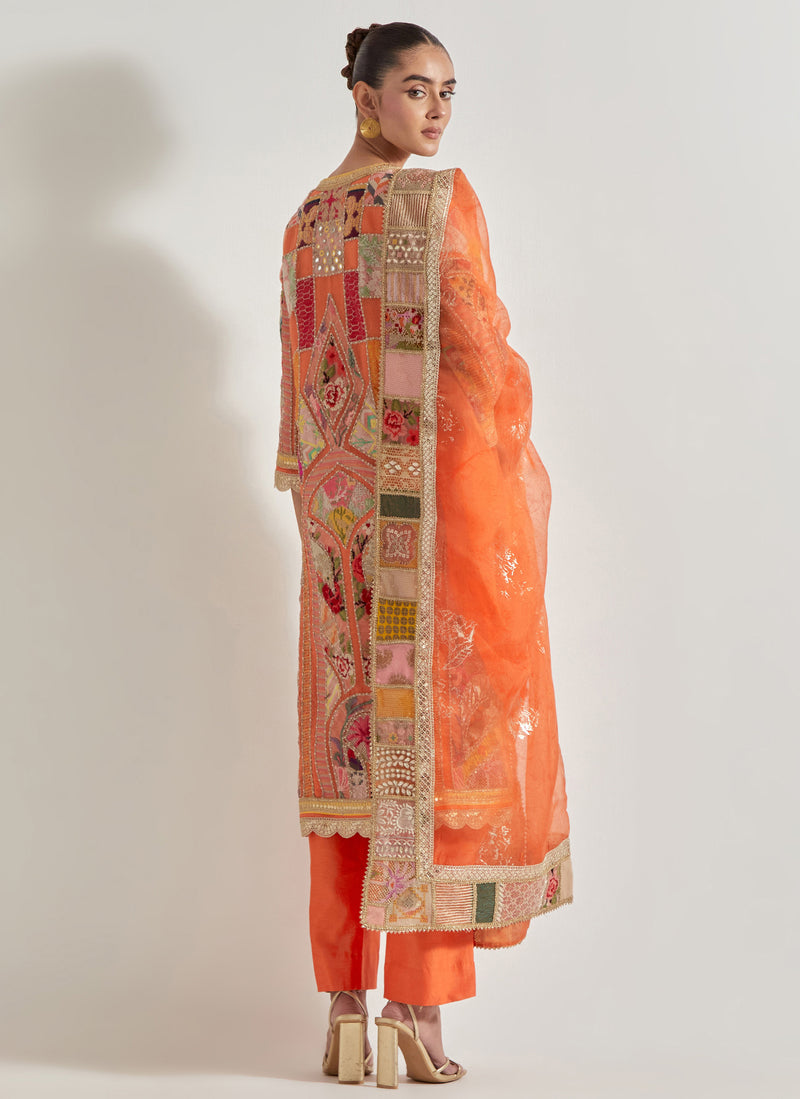 Orange Patch Work Kurta Set