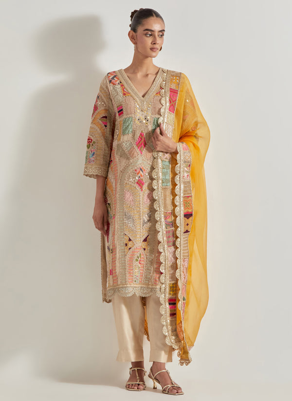 Ivory and Yellow Patch Work Kurta Set