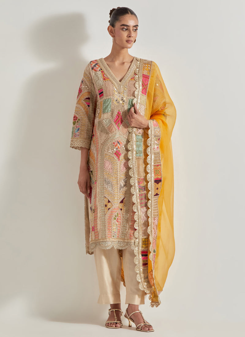 Ivory and Yellow Patch Work Kurta Set