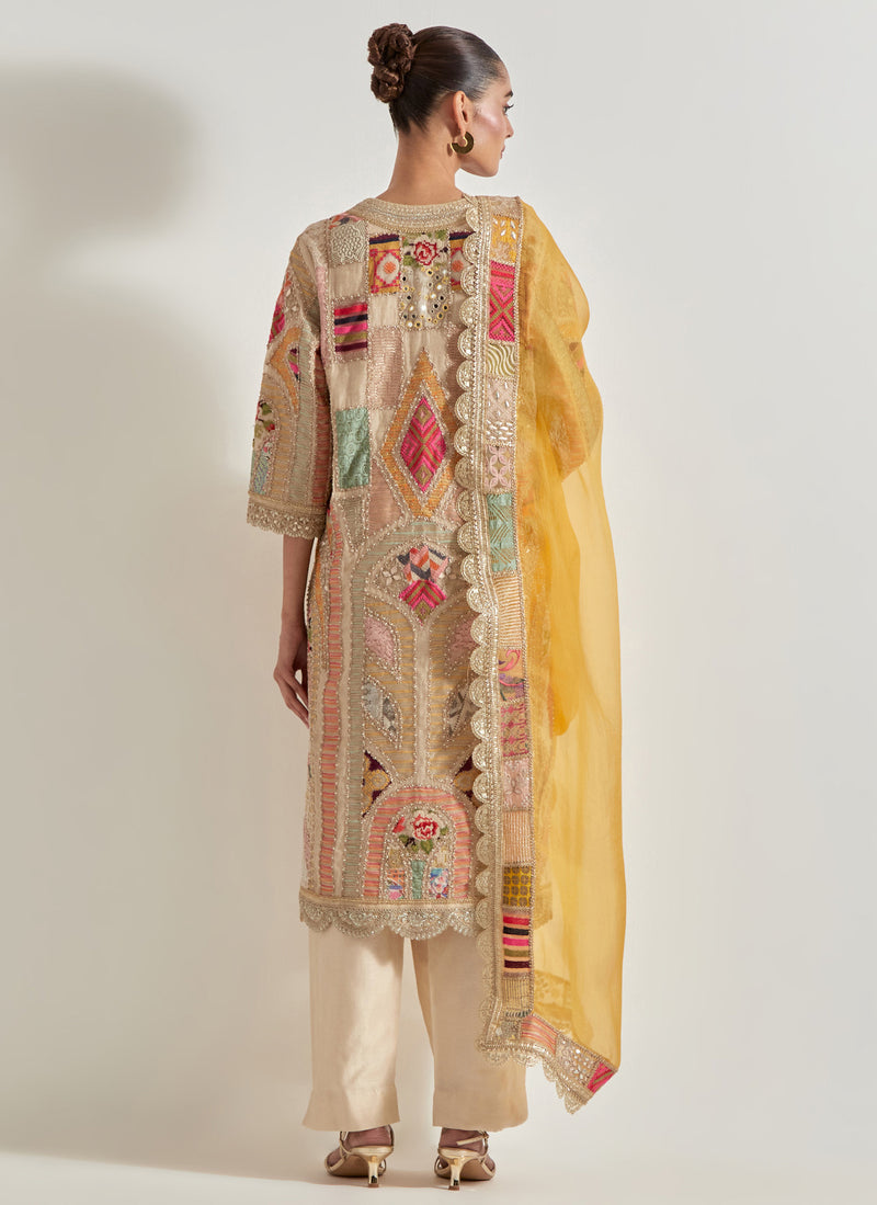 Ivory and Yellow Patch Work Kurta Set