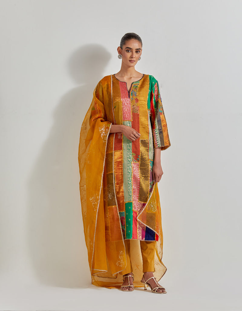 Multicolour Patch Work Embroidered Kurta Set