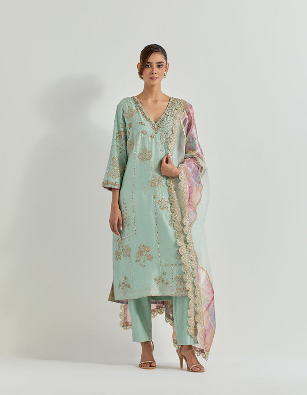 Sage Green Raeth Kurta Set In Chanderi