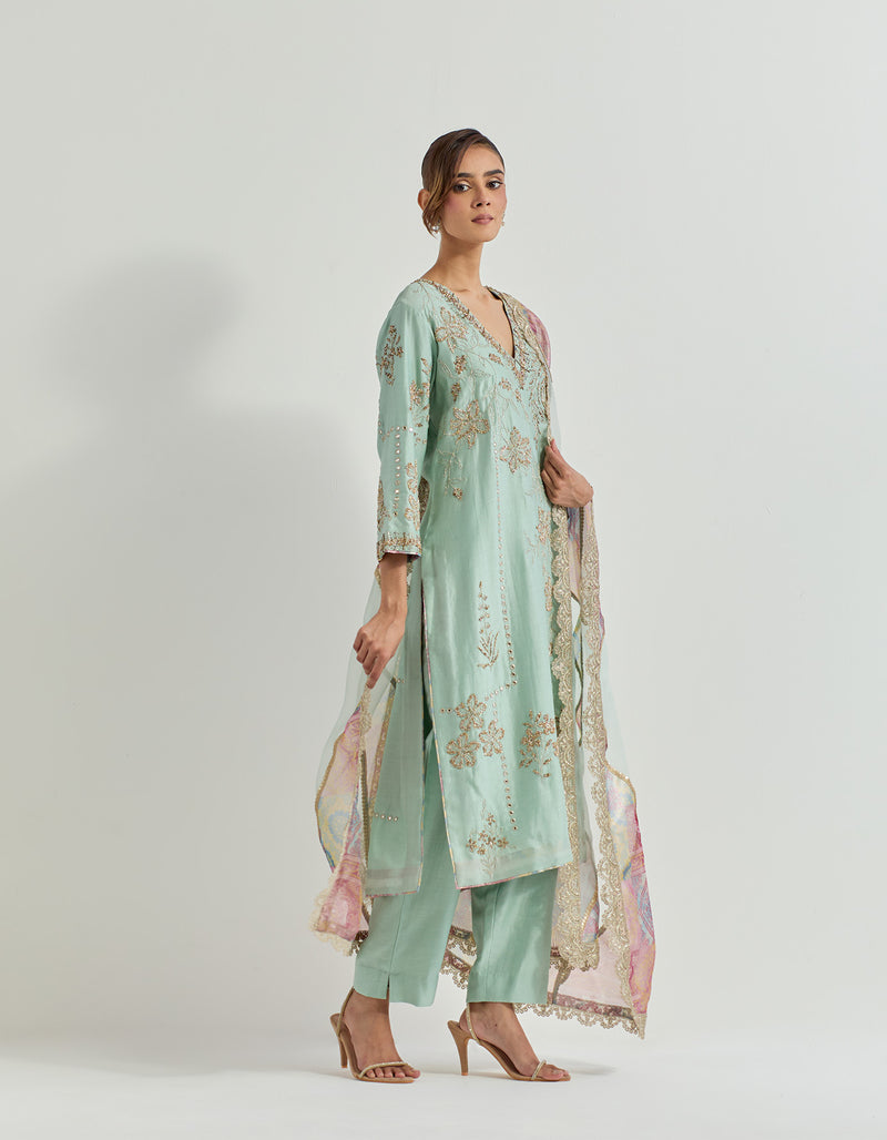 Sage Green Raeth Kurta Set In Chanderi