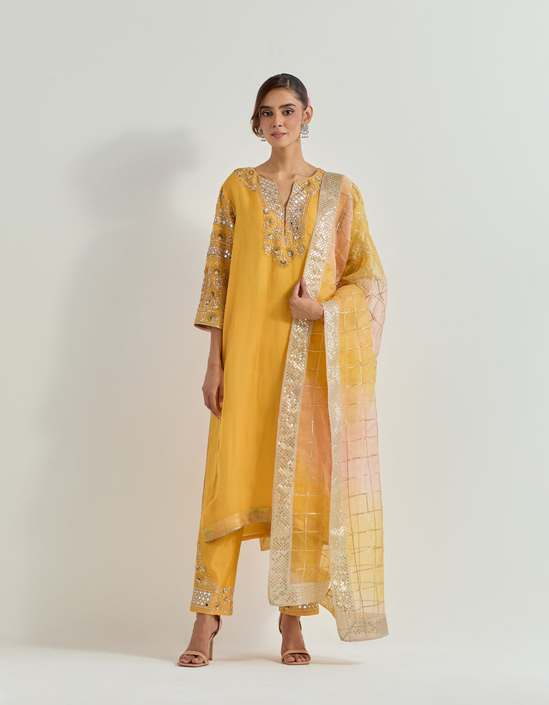 Yellow Organza And Chanderi Raeth Kurta Set