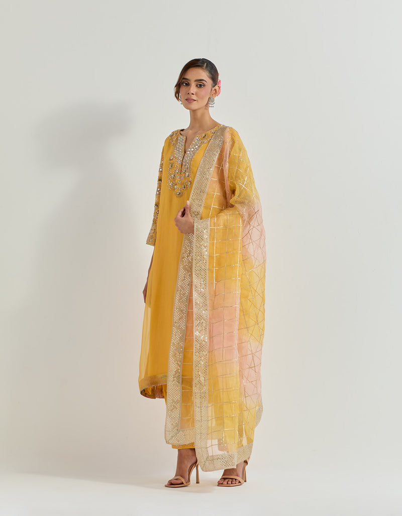 Yellow Organza And Chanderi Raeth Kurta Set