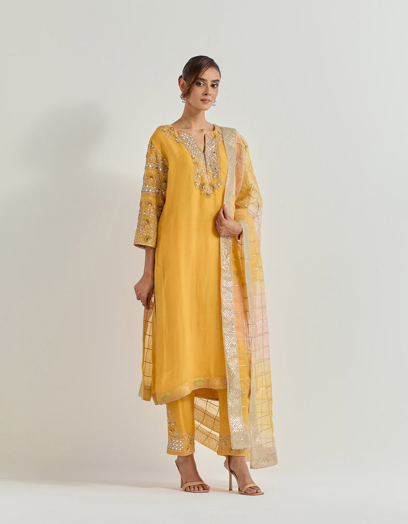 Yellow Organza And Chanderi Raeth Kurta Set