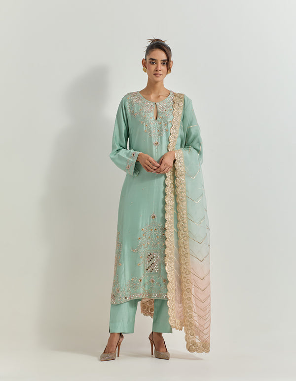 Sage Green Kurta Set With Hand Embroidery