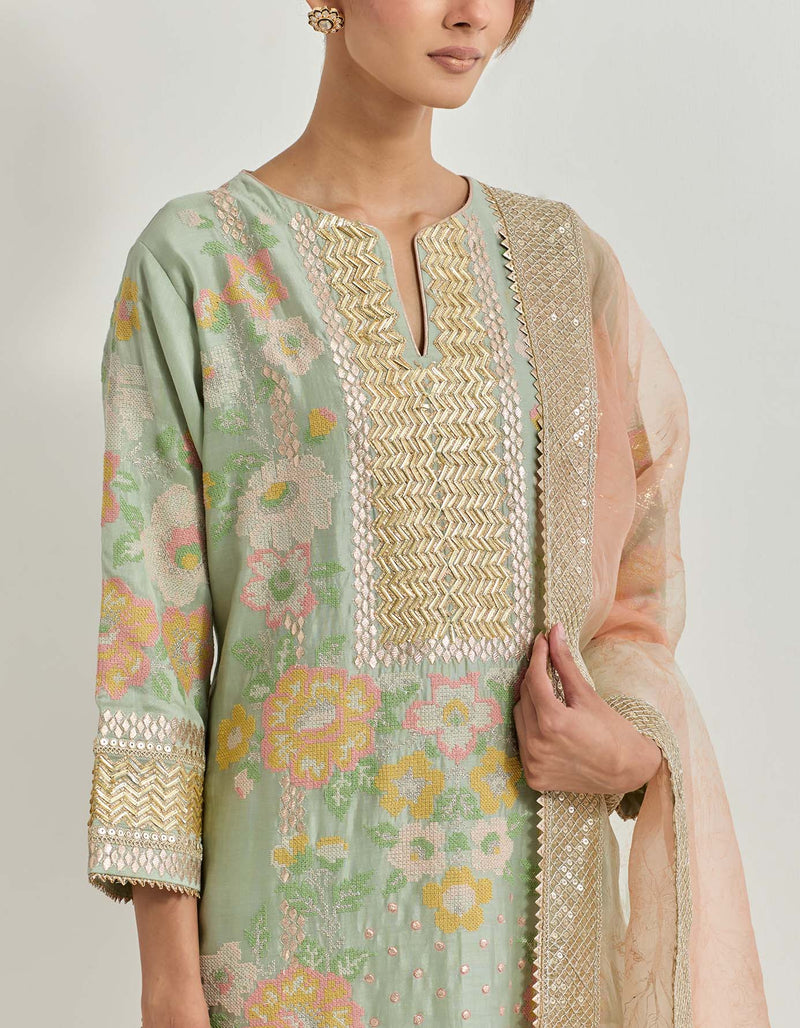 Sage Green Kurta Set With Gota Patti And Cross Stitch Hand Embroidery