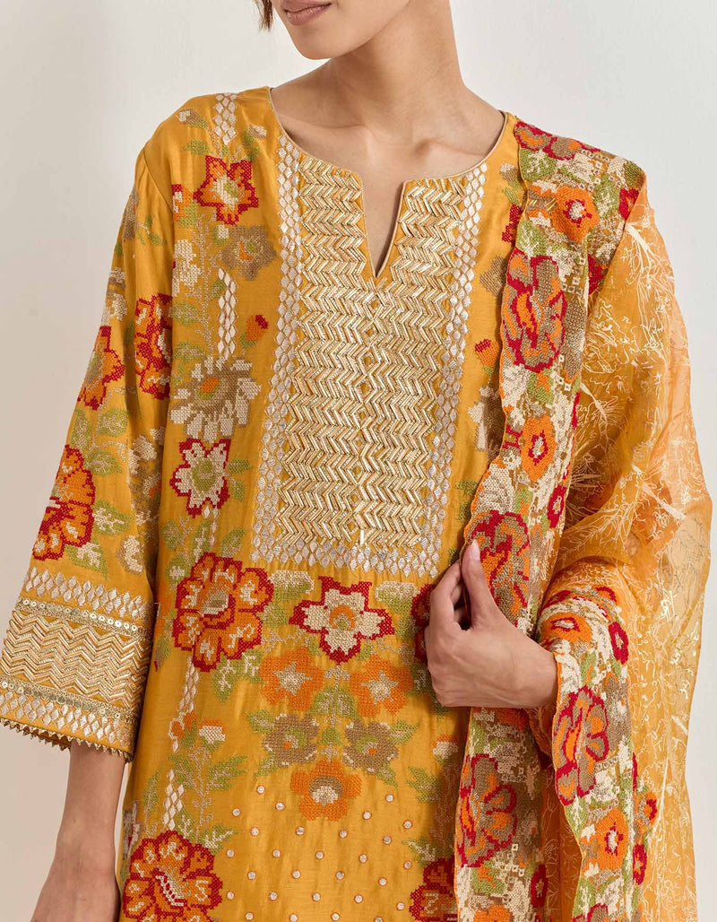 Ochre Kurta Set With Gota Patti And Cross Stitch Embroidery