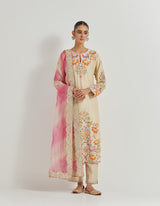 Hand Embellished Straight Long Kurta And Pants Paired With Tie Dye Organza Silk Dupatta