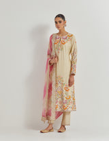 Hand Embellished Straight Long Kurta And Pants Paired With Tie Dye Organza Silk Dupatta