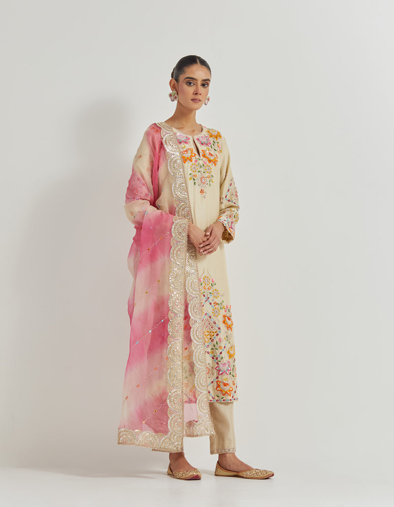 Hand Embellished Straight Long Kurta And Pants Paired With Tie Dye Organza Silk Dupatta