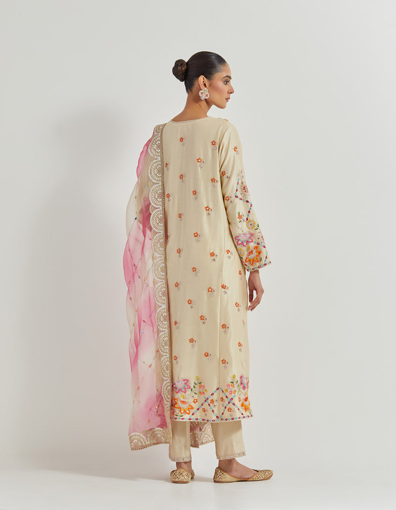 Hand Embellished Straight Long Kurta And Pants Paired With Tie Dye Organza Silk Dupatta