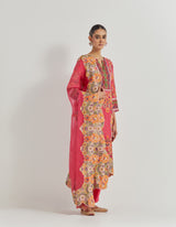 Fuchsia Cross Stitch Embroidered Kurta In Peony Motifs With Silk Brocade Borders Around And Neck And Sleeve Ends Paired With Organza Silk Dupatta