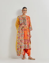 Chanderi Cross Stitch Embroidered Kurta In Peony Motifs With Silk Brocade Borders Around And Neck And Sleeve Ends Paired With Organza Silk Dupatta