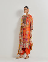 Chanderi Cross Stitch Embroidered Kurta In Peony Motifs With Silk Brocade Borders Around And Neck And Sleeve Ends Paired With Organza Silk Dupatta