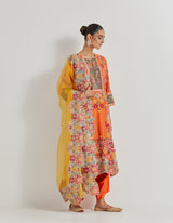 Chanderi Cross Stitch Embroidered Kurta In Peony Motifs With Silk Brocade Borders Around And Neck And Sleeve Ends Paired With Organza Silk Dupatta