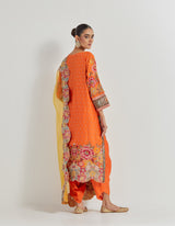 Chanderi Cross Stitch Embroidered Kurta In Peony Motifs With Silk Brocade Borders Around And Neck And Sleeve Ends Paired With Organza Silk Dupatta