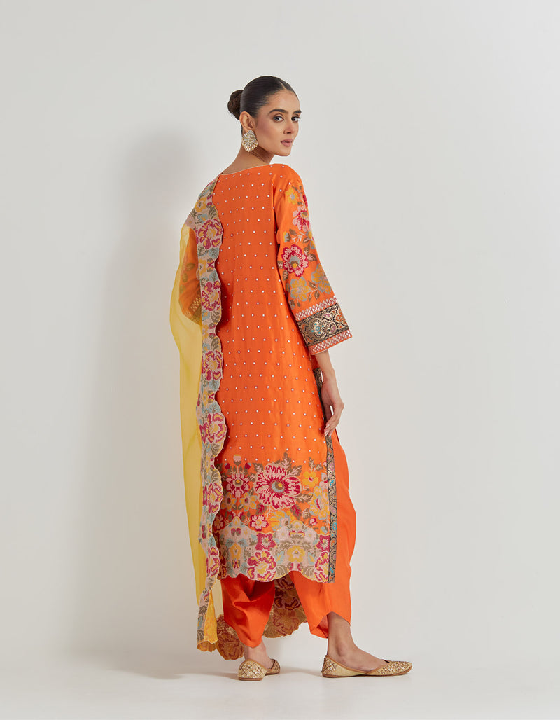 Chanderi Cross Stitch Embroidered Kurta In Peony Motifs With Silk Brocade Borders Around And Neck And Sleeve Ends Paired With Organza Silk Dupatta