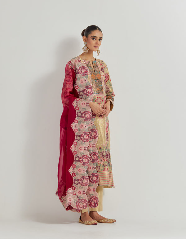 Chanderi Cross Stitch Embroidered Kurta In Peony Motifs With Silk Brocade Borders Around And Neck And Sleeve Ends Paired With Organza Silk Dupatta