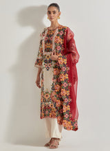 Ivory Cross Stitch Kurta Set In Peony Motifs