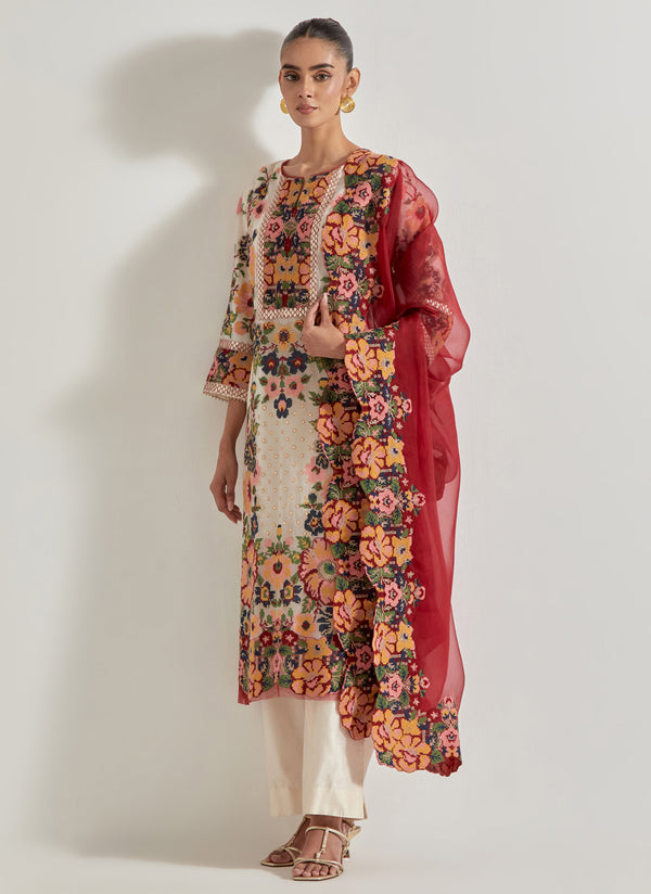 Ivory Cross Stitch Kurta Set In Peony Motifs