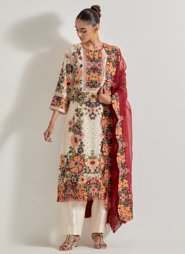 Ivory Cross Stitch Kurta Set In Peony Motifs