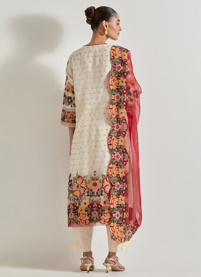 Ivory Cross Stitch Kurta Set In Peony Motifs