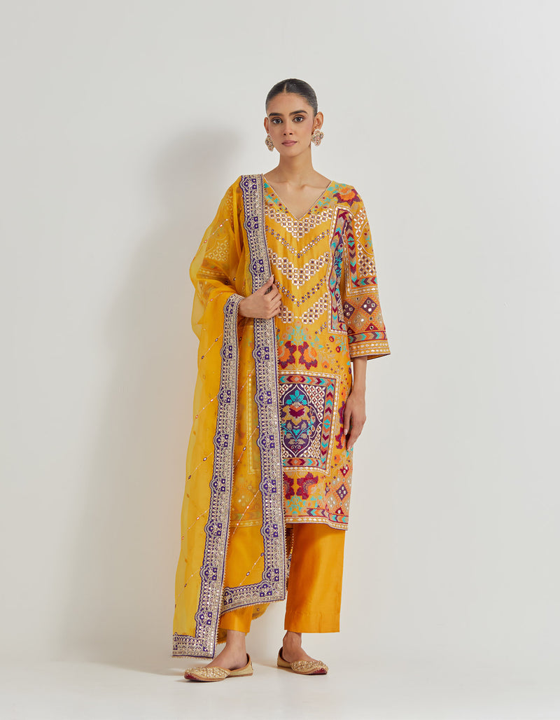 Yellow Cross Stitch Gota Patti And Mirror Work Embroidered Kurta Set