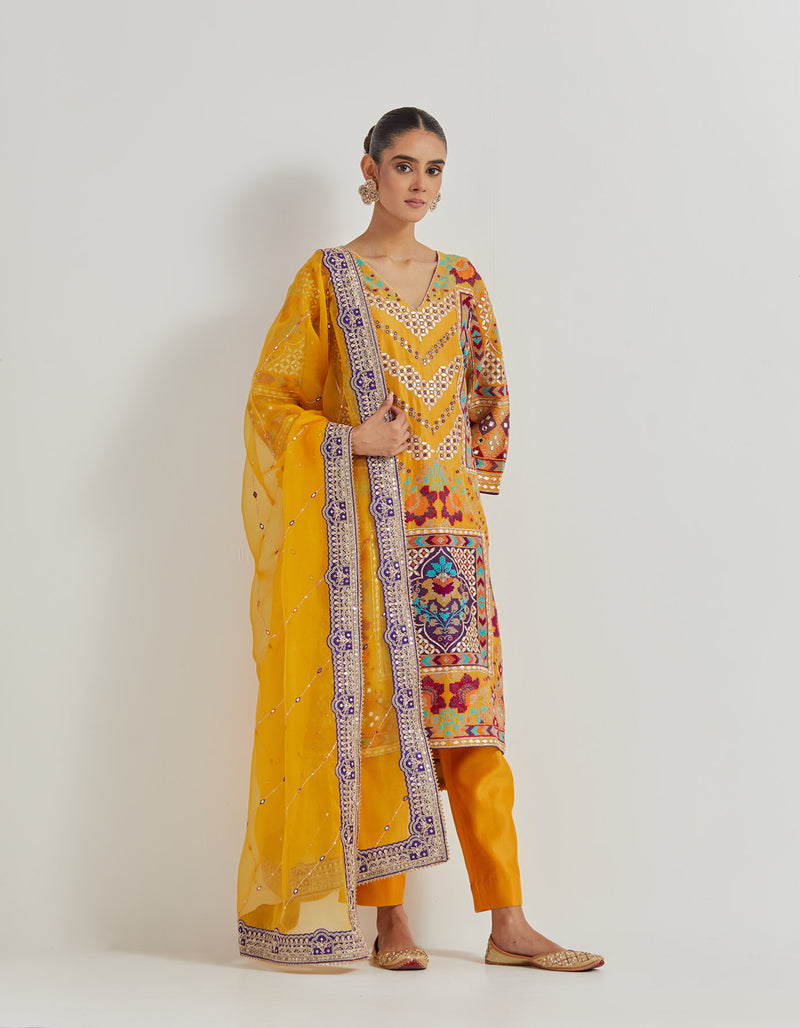 Yellow Cross Stitch Gota Patti And Mirror Work Embroidered Kurta Set